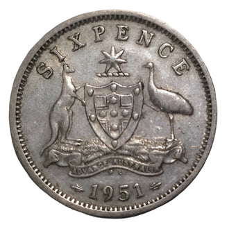 1951 PL Australian Silver 6-Pence Coin