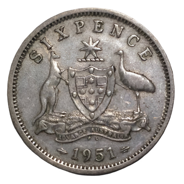 1951 PL Australian Silver 6-Pence Coin