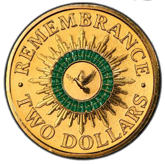 2014 $2 Australia Remembrance Day Coloured Green Dove Circulated Coin