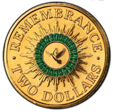2014 $2 Australia Remembrance Day Coloured Green Dove Circulated Coin