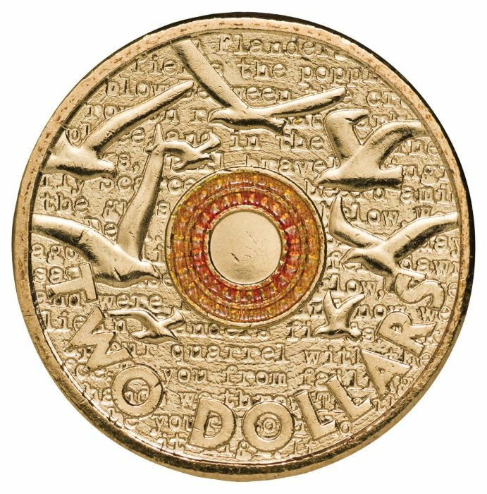 2015 $2 Remembrance Day Flander's Field Orange Coloured Circulated Coin