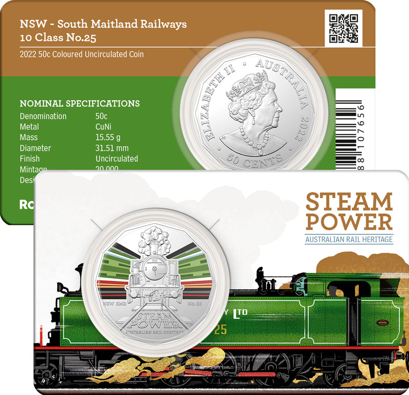 2022 50c Australian Steam Trains Coloured Coin - NSW South Maitland Railways 10 Class No.25