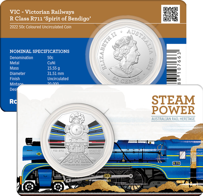 2022 50c Australian Steam Trains Coloured Coin - VIC Victorian Railways R Class R711