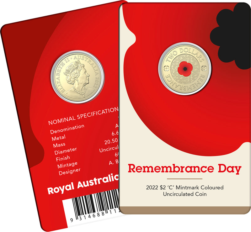 2022 $2 Australian Remembrance Day Red Poppy C-Mintmark Coin