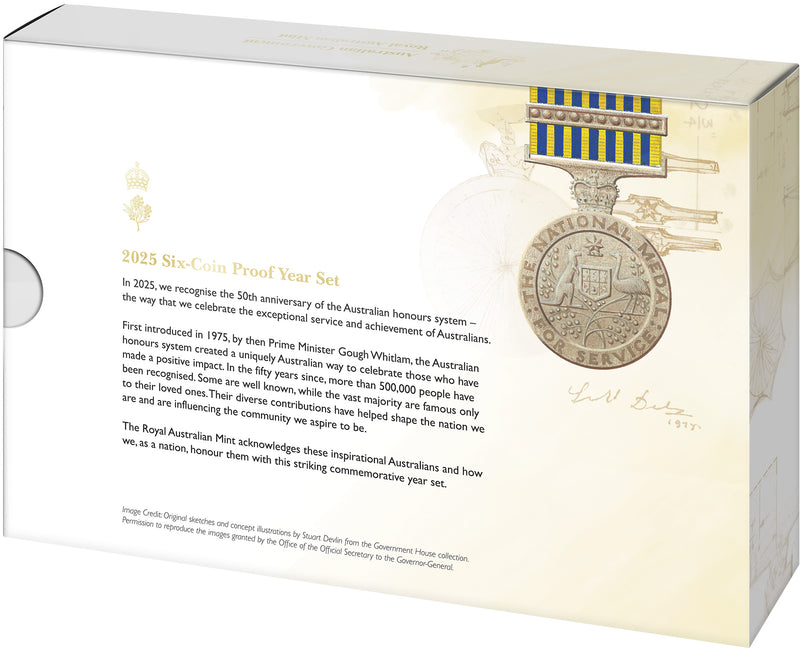 2025 Six-Coin Coloured Proof Set | Royal Australian Mint – 50 Years Honours System