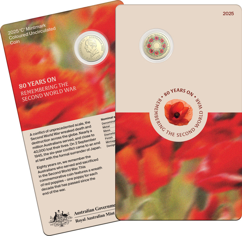 2025 $2 ‘C’ Mintmark Coloured Uncirculated Coin in Card - 80 Years On Remembering the Second World War