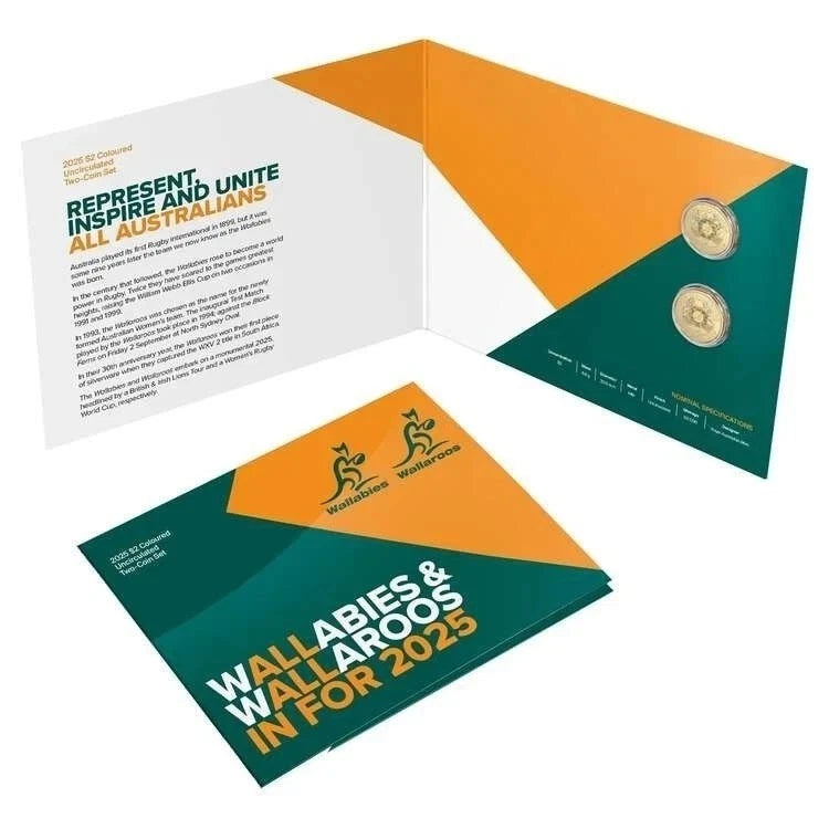 2025 $2 Wallabies & Wallaroos Uncirculated coloured coins set in folder