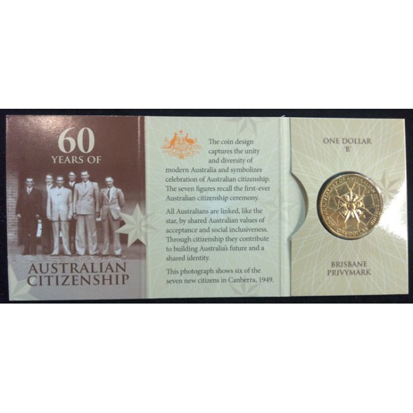$1 Coin UNC 2009 60th Anniversary of Australian Citizenship " C Mintmark in card